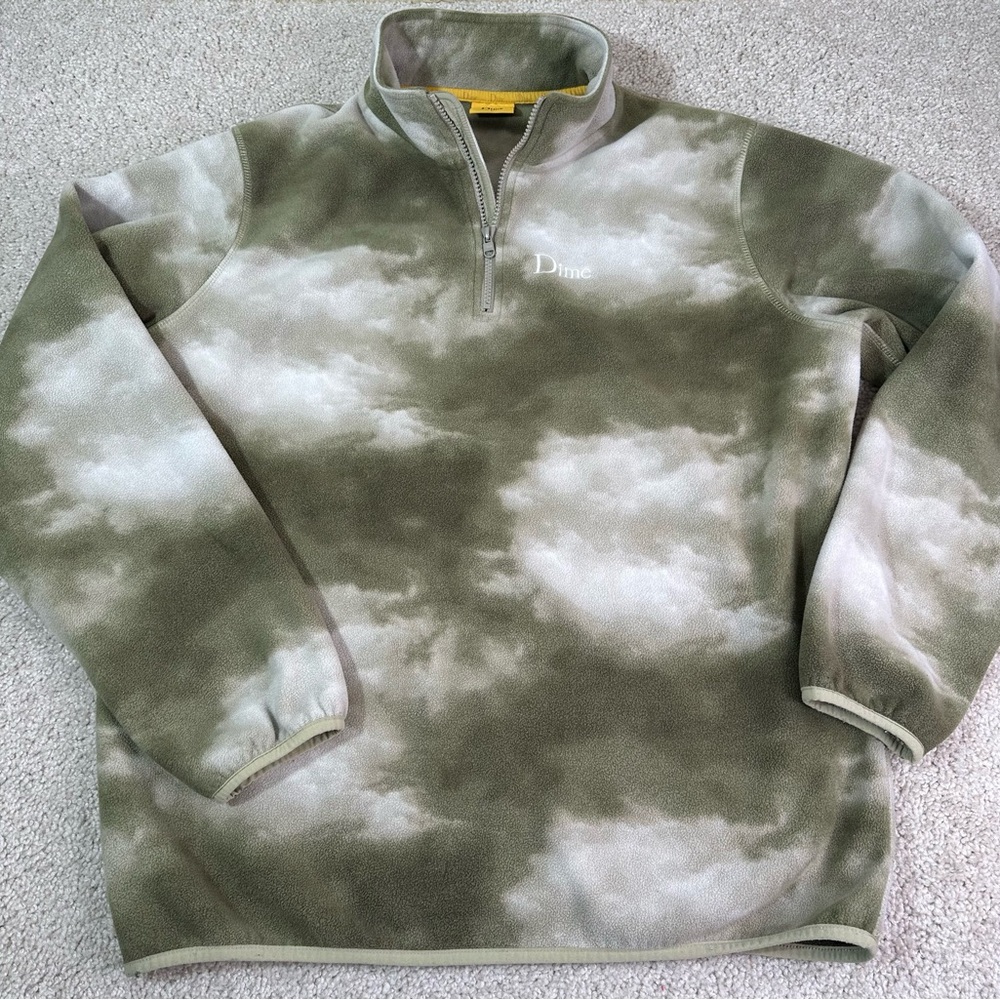Dime Men’s Large 1/4 Zip Polar Fleece Pullover Green White Storm Tie Dye
